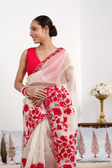 White and Red Organza Silk Saree with Applique & Cutwork