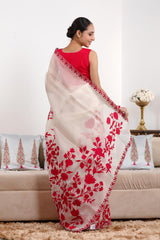White and Red Organza Silk Saree with Applique & Cutwork