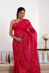 Red Organza Silk Saree with Floral Aari Handwork