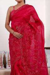 Red Organza Silk Saree with Floral Aari Handwork
