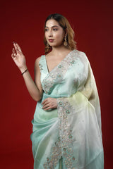 A woman wearing an aqua green shaded color party wear saree with an intricate designer border on a red background