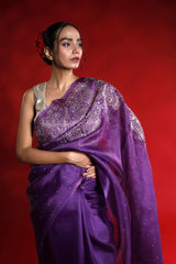 Woman wearing a purple saree with silver embroidery against a red background