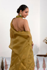 Heena Green Organza Silk Saree with Floral Applique and Embroidery