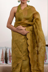 Heena Green Organza Silk Saree with Floral Applique and Embroidery