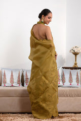 Heena Green Organza Silk Saree with Floral Applique and Embroidery
