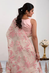 White and Pink Organza Silk Saree with Bird and Floral Applique Work