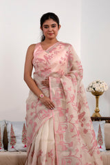White and Pink Organza Silk Saree with Bird and Floral Applique Work