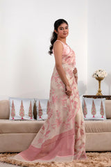 White and Pink Organza Silk Saree with Bird and Floral Applique Work