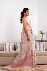 White and Pink Organza Silk Saree with Bird and Floral Applique Work