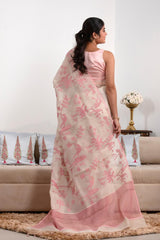 White and Pink Organza Silk Saree with Bird and Floral Applique Work