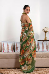 Green Pure Organza Silk Saree with Digital Floral Prints