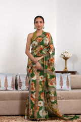 Green Pure Organza Silk Saree with Digital Floral Prints