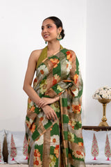 Green Pure Organza Silk Saree with Digital Floral Prints