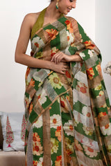 Green Pure Organza Silk Saree with Digital Floral Prints