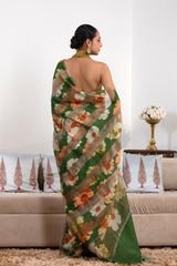 Green Pure Organza Silk Saree with Digital Floral Prints