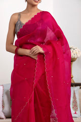 Pink Organza Silk Saree with Scalloped Cutwork Border