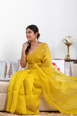 Yellow Organza Silk Saree with Scalloped Cutwork Border