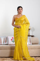 yellow saree, organza saree, Bollywood saree, Banarasi saree, party wear saree, Wedding Saree