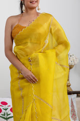 Yellow Organza Silk Saree with Scalloped Cutwork Border