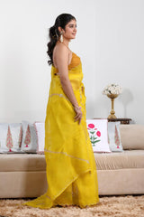 Yellow Organza Silk Saree with Scalloped Cutwork Border