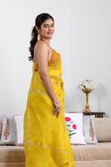 Yellow Organza Silk Saree with Scalloped Cutwork Border
