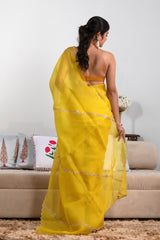 Yellow Organza Silk Saree with Scalloped Cutwork Border