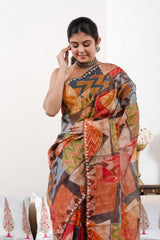 Multicolored Banarasi Pure Organza Silk Saree with Prints & Aari Work