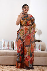 Multicolored Banarasi Pure Organza Silk Saree with Prints & Aari Work