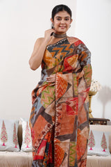 Multicolored Banarasi Pure Organza Silk Saree with Prints & Aari Work