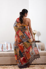 Multicolored Banarasi Pure Organza Silk Saree with Prints & Aari Work