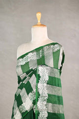 Green Organza Silk Saree with Half & Half Crushed Tissue Zari Stripes