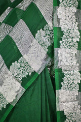 Green Organza Silk Saree with Half & Half Crushed Tissue Zari Stripes