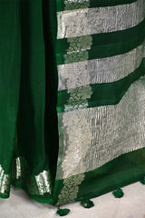 Green Organza Silk Saree with Half & Half Crushed Tissue Zari Stripes