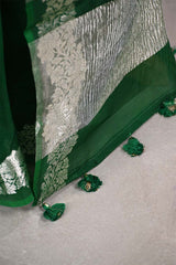 Green Organza Silk Saree with Half & Half Crushed Tissue Zari Stripes