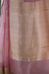Baby Pink Handloom Organza Silk Saree with Gold Zari Kingfisher Motif