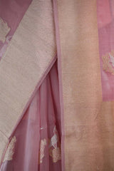 Baby Pink Handloom Organza Silk Saree with Gold Zari Kingfisher Motif