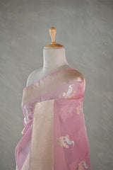 Baby Pink Handloom Organza Silk Saree with Gold Zari Kingfisher Motif