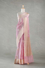 Baby Pink Handloom Organza Silk Saree with Gold Zari Kingfisher Motif
