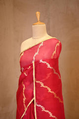 Red Organza Silk Saree with Gold-Silver Zari Stripes