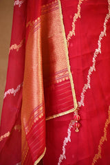 Red Organza Silk Saree with Gold-Silver Zari Stripes