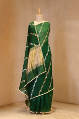 Green Organza Silk Saree with Gold-Silver Zari Stripes