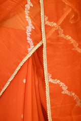 Orange Organza Silk Saree with Gold-Silver Zari Stripes
