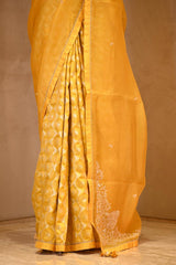 Yellow Organza Silk Saree with Zardozi Konia Pallu