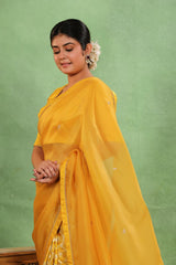Yellow Organza Silk Saree with Zardozi Konia Pallu