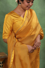 Yellow Organza Silk Saree with Zardozi Konia Pallu