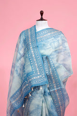 Chambrey Blue Embellished Organza Silk Saree