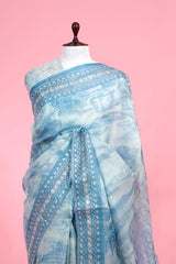 Chambrey Blue Embellished Organza Silk Saree