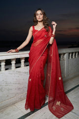 Red Organza Silk Saree with Pitta Zari Cow Motifs