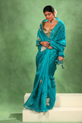Sky Blue Organza Silk Saree with Gota Patti Floral Work