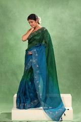 Green and Blue Shaded Organza Silk Saree with Pichwai Dori Work